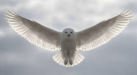 Obraz premium Majestic snowy owl flying with spread wings directly at camera against a bright white sky.