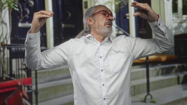 Man raising both hands in a measured gesture on a building stoop wearing red glasses and a white shirt; quiet contemplation.