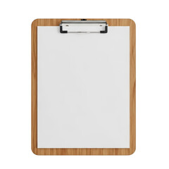 A wooden clipboard with a blank sheet of paper ready for notes or drawings isolated on transparent background