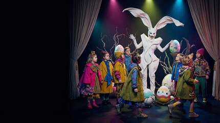 Theatrical Easter Performance with Giant White Bunny Character - Staged Fantasy Scenes with Children in Colorful Costumes