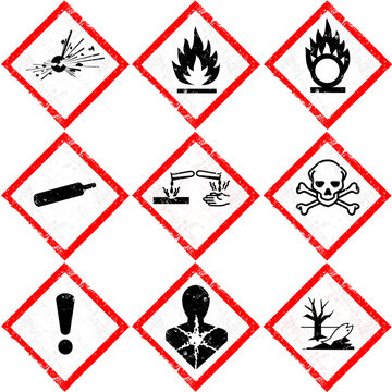 GHS Hazard Communication Pictograms Set, Grunge Distressed Chemical Safety Signs, Industrial Warning Symbols