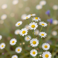 Fototapeta premium impressionist, vibrant chamomile and daisy flowers in a meadow spring/summer nature scene with sun flares