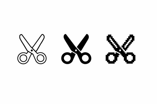 Set of scissor icons: outline, solid, pixel art styles on white background
