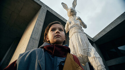 Artistic Easter Portrait - Child with Giant White Bunny Sculpture in Dramatic Studio Lighting