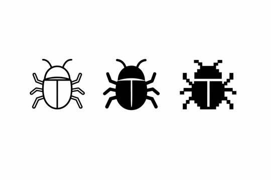 Black and white bug icons: outline, solid, and pixelated styles