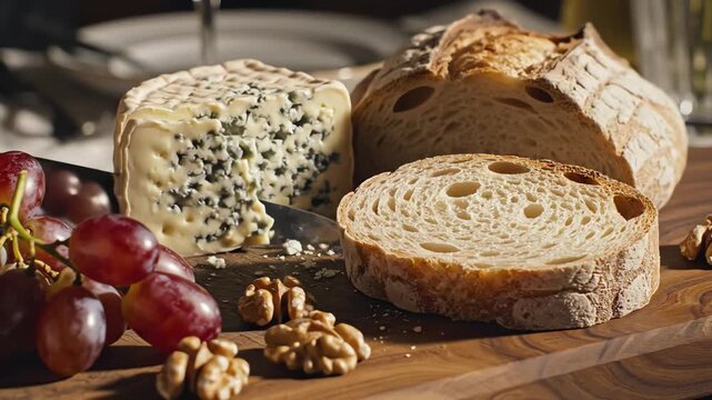 Gourmet food selection cheese bread grapes walnuts on wooden board