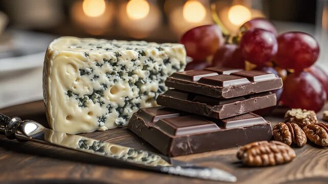 Gourmet food selection cheese chocolate grapes nuts arrangement