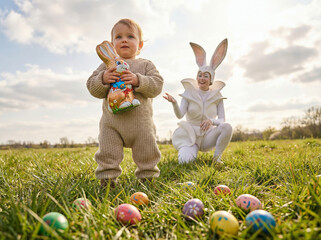 Toddler Boy at Easter Egg Hunt with Bunny Costume Character in Spring Park
