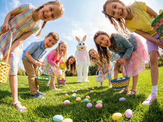 Kids Easter Celebration - Children with Bunny Ears Playing Egg Hunt Game on Green Lawn