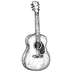 Naklejka premium Acoustic guitar sketch, string instrument illustration, folk music vector