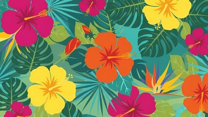 Vibrant Tropical Seamless Pattern with Hibiscus Flowers and Monstera Leaves