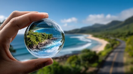 Hand Holding Crystal Ball Over Coastal Landscape