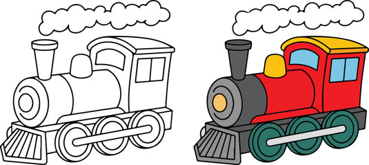A colorful cartoon train with red and yellow parts stands beside its black and white outline © MS- ELITE GRAFIX