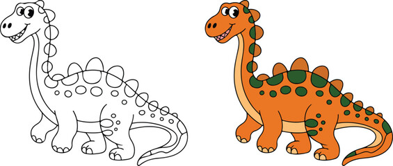 A friendly orange cartoon dinosaur with green spots and spines is displayed next to its simple outline version © MS- ELITE GRAFIX