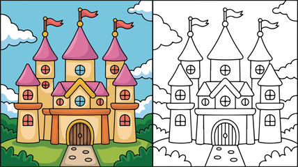 A picturesque drawing of a majestic storybook castle, presented as line art and colored © MS- ELITE GRAFIX