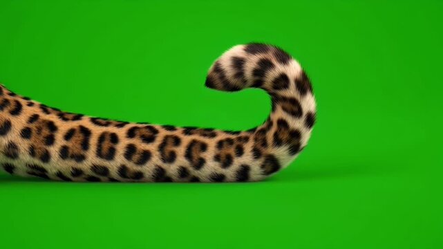 Curved leopard print tail against a vibrant green studio backdrop.