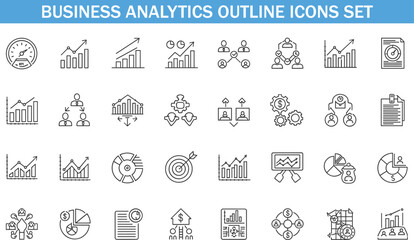 Business analytics outline icons set, KPI performance charts financial reports marketing metrics collection, corporate data vector illustrations for dashboard