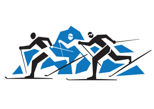Cross Country Skiers, competition. 
Illustration of three cross-country ski competitors on mountain background. Vector available.	