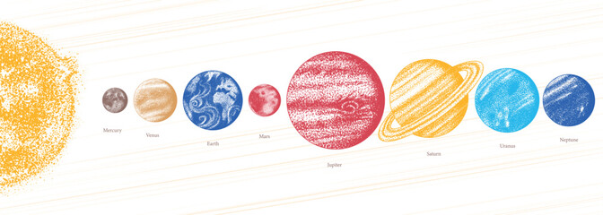 Planets of the Solar system in hand drawn stippling dot work style for science and astronomical usage. education material. Mercury, Venus Earth, Mars, Jupiter and Saturn as well as Neptune and Uranus © artbalitskiy