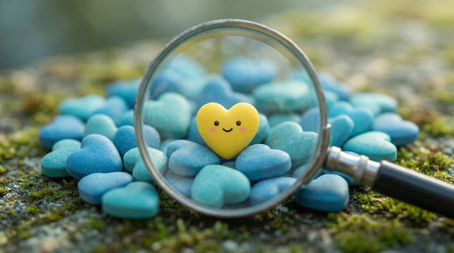 Magnifying glass finding yellow heart among blue ones perfect for dating concepts and finding true love