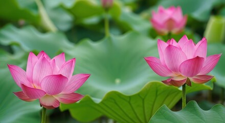 Pink Lotus Flowers Blooming in Pond, Nature Background
