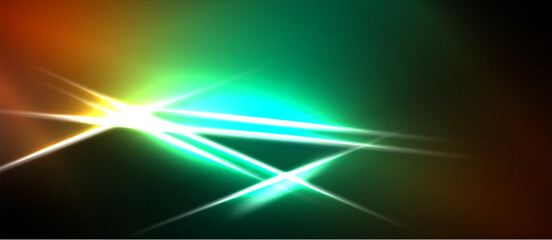 Naklejka premium Bright light streaks radiate from central point. Colors blend, creating vibrant, dynamic visual effect. Dark background emphasizes luminosity.