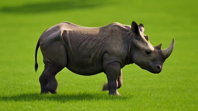 Adult rhinoceros strolling across lush green grass in an open field.