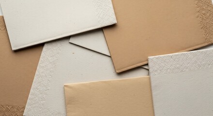 Close-up of several paper envelopes, some textured, in neutral tones arranged on surface