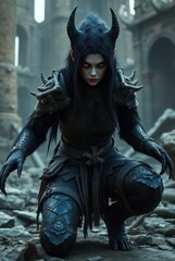 Infernal female warrior with black horns and glowing orange gaze