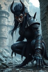 Gothic demoness fighter kneeling in misty ruins with bone debris