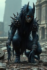 Cinematic portrait of horned sorceress assassin in shattered sanctuary