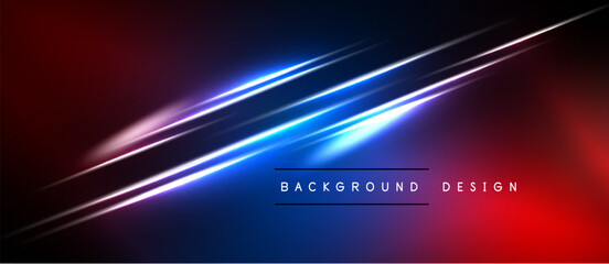 Abstract background features vibrant red, blue gradients. Diagonal light streaks create dynamic visual effect. Modern design element.