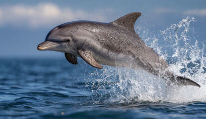 Fototapeta premium A joyful bottlenose dolphin leaping high out of blue tropical water with bright sunlight and white clouds above