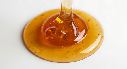 Close-up of viscous, golden honey pouring into a circular pool against a white background.