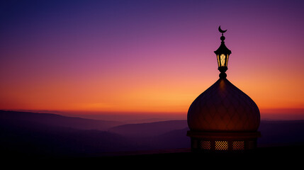 Obraz premium Mosque dome and lantern silhouette against a colorful sunset sky with copy space