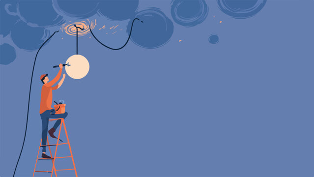 Person on ladder fixing light fixture, abstract circular shapes above