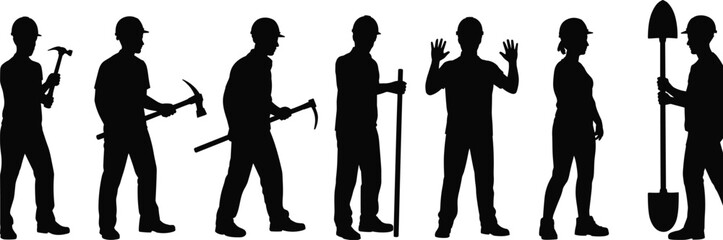 Construction worker silhouettes holding hammer, pickaxe and shovel isolated on white background industrial labor team concept illustration © Tanjimul