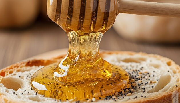 Thick golden honey dripping from dipper onto slice of bread with seeds