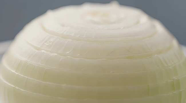 Macro image showcasing the layered structure of a peeled white onion half