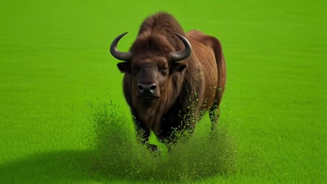 Powerful buffalo charging across a vivid green field under a bright sky, captured in dynamic motion.