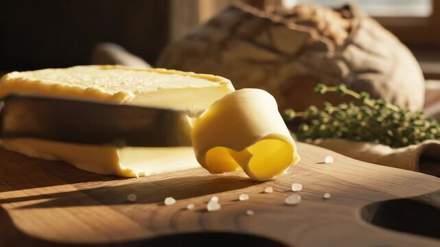 Butter sliced on wooden board with bread and herbs