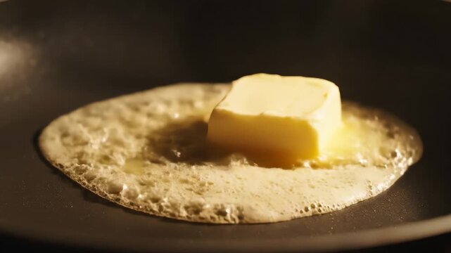 Butter melting in a pan culinary preparation close up cooking concept