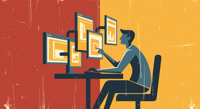 Retro style digital workspace with multiscreen display and male user