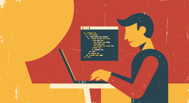 Retro style digital programming art with vintage texture on bold colors