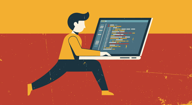 Developer coding on laptop in retro style graphic design