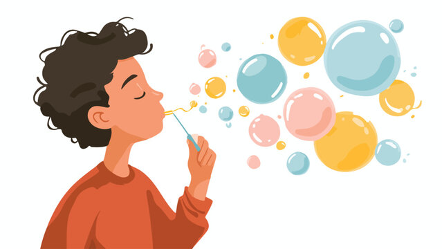 A person with curly hair blowing colorful bubbles with a wand on a white background
