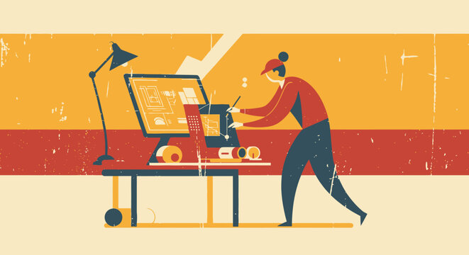 Retro style designer at work in creative office with computer and architectural plans