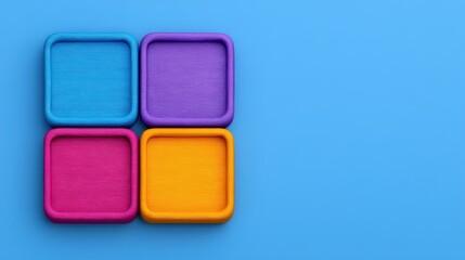 Four colorful square fabric swatches in blue, purple, pink, and yellow arranged on a blue background.