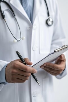 close up of doctor standin with pen and medical recods in hand on white backgrund.