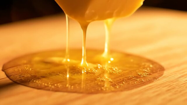 Close up of butter melting on a wooden surface with warm lighting